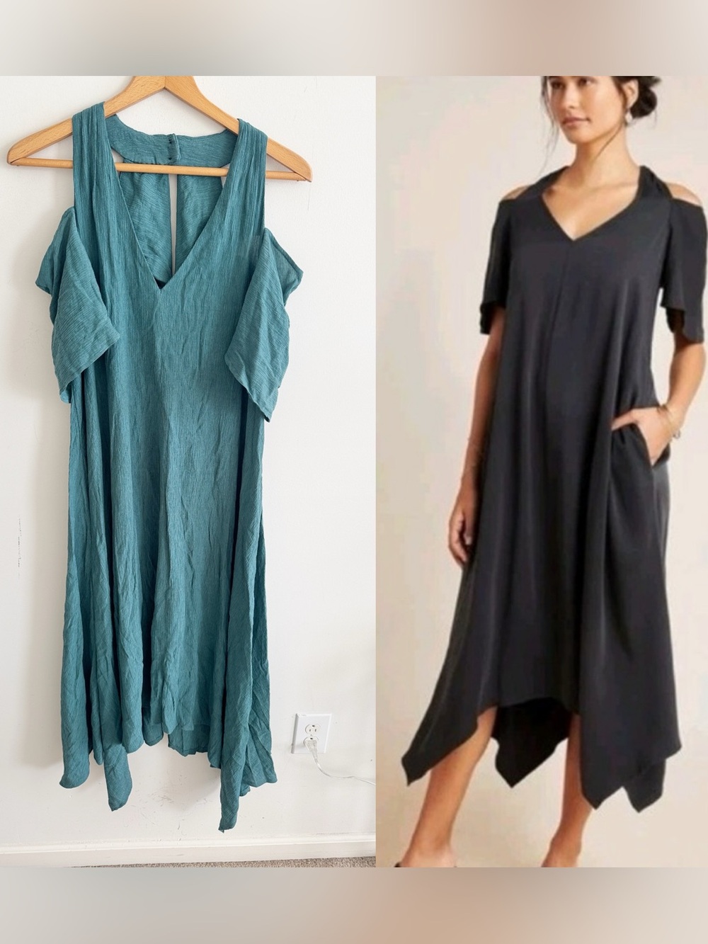 Anthropologie Maeve teal blue crepe flowy open shoulder v-neck whimigoth dress L